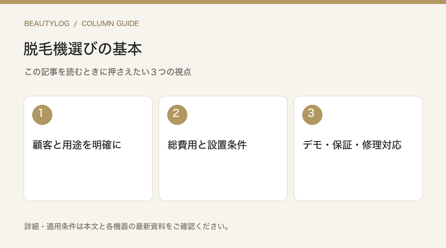 脱毛機選びの基本：顧客と用途を明確に、総費用と設置条件、デモ・保証・修理対応