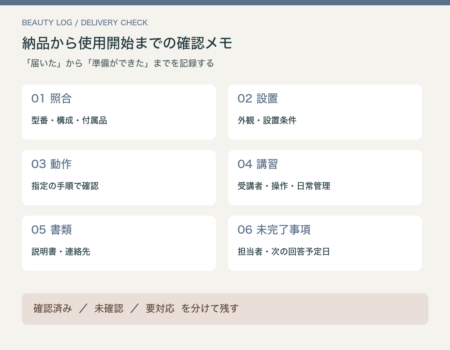 業務用脱毛機の納品確認を、照合・設置・動作・講習・書類・未完了事項の6段階で整理した図